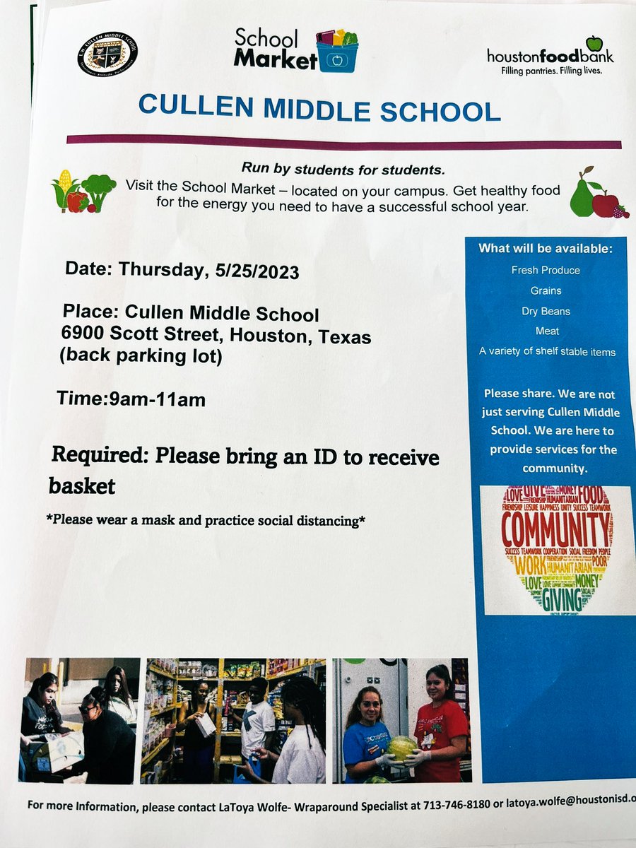 LW (@latoyaw74380390) on Twitter photo Stop by and see <a href="/Cullen_Bobcats/">Cullen Middle School</a> for our last <a href="/HoustonFoodBank/">Houston Food Bank</a> school market! We still have food to give out! All you need is your ID! See flyer below! Stop by and see <a href="/Cullen_Bobcats/">Cullen Middle School</a> for our last <a href="/HoustonFoodBank/">Houston Food Bank</a> school market! We still have food to give out! All you need is your ID! See flyer below!