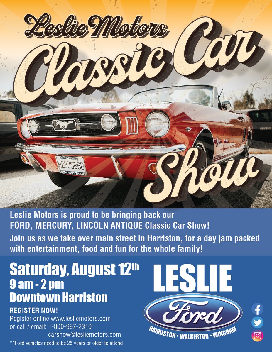 #LeslieMotors FORD, MERCURY, LINCOLN ANTIQUE 
 #ClassicCarShow is back BABY!! Join us as we take over main street in Harriston, for a day jam packed with entertainment, food and fun for the whole family!  Pre-register your classic car here! lesliemotors.com/events/leslie-…  #vintagecars