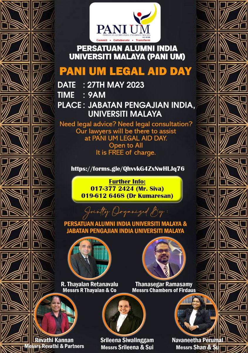 Do you need legal advice?
Come and consult with our legal team. They will be able to provide legal guidance.

Join PANI UM LEGAL AID DAY.

Date: 27 May 2023 (Saturday)
Time: 9am - 1pm
Venue: Jabatan Pengajian India, Universiti Malaya
#PANIUM #legal #legalaid #legaladvice #guaman