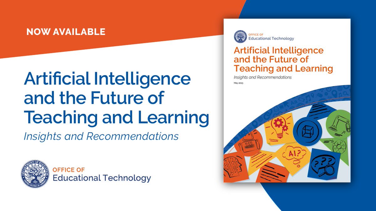 As part of ongoing efforts to advance responsible #AI, @OfficeofEdTech has released a new report summarizing the opportunities and risks for AI in teaching, learning, research, and assessment, with Digital Promise's support. Read the press release: bit.ly/3OCbU2Y