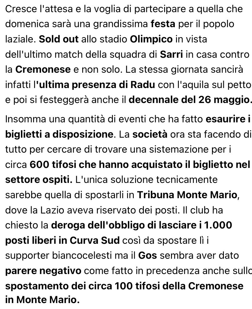 La S.S.Lazio ha l’obbligo di lasciare liberi 1000 posti in Curva Maestrelli. 
Qualcuno mi sa spiegare il motivo? 
Ed i 600 che hanno comprato nel settore ospiti che fine faranno? 
#LazioCremonese