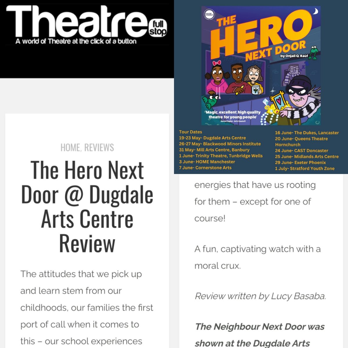 We know you don't read reviews as a rule <a href="/OnjaliRauf/">onjali rauf</a> 🤗

But we think in this case, that rule needs to be broken.

Link to article: theatrefullstop.com/2023/05/22/the…

#TheHeroNextDoor heads to <a href="/BlackwoodMiners/">Blackwood Miners' Institute</a> in #Wales TOMORROW AND SATURDAY!
See: heronextdoor.co.uk

#RefugeesWelcome