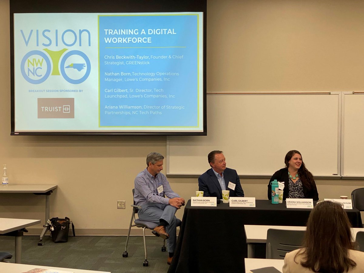 And another one! 

Our very own <a href="/Ariana/">Ariana</a> Siporin Williamson, our partners Nathan Born, Carl Gilbert, both from Lowes, Inc., and Chris Beckwith-Taylor of @Grow with GREENstick speak about Training a Digital Workforce!

#VisionNWNC2023 #livetrainremain #WorkforceDevelopment Inc.and
