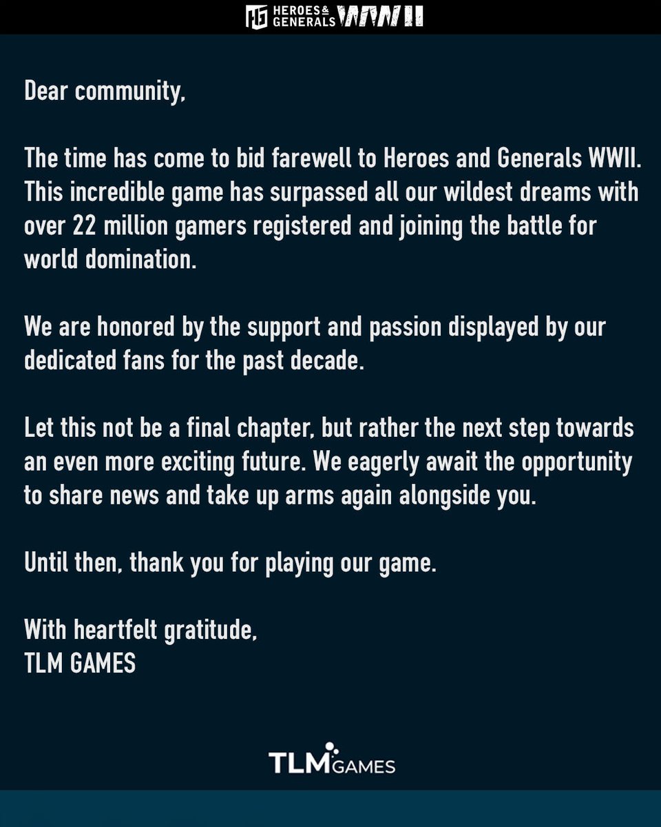 Thank you for playing our game.

With heartfelt gratitude,
TLM GAMES

#heroesandgenerals #f2p #hng #indiegame