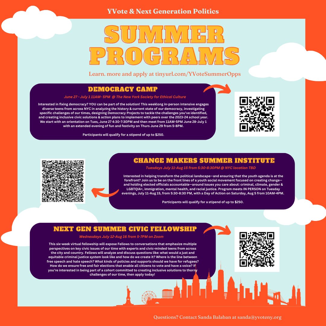 Join us this summer! 🌞

We've got THREE youth-led civic programs for teens across the US. Learn more about each of these free (and stipended!) programs below and apply here: tinyurl.com/YVoteSummerOpps #youthvote #civics #summerprogram