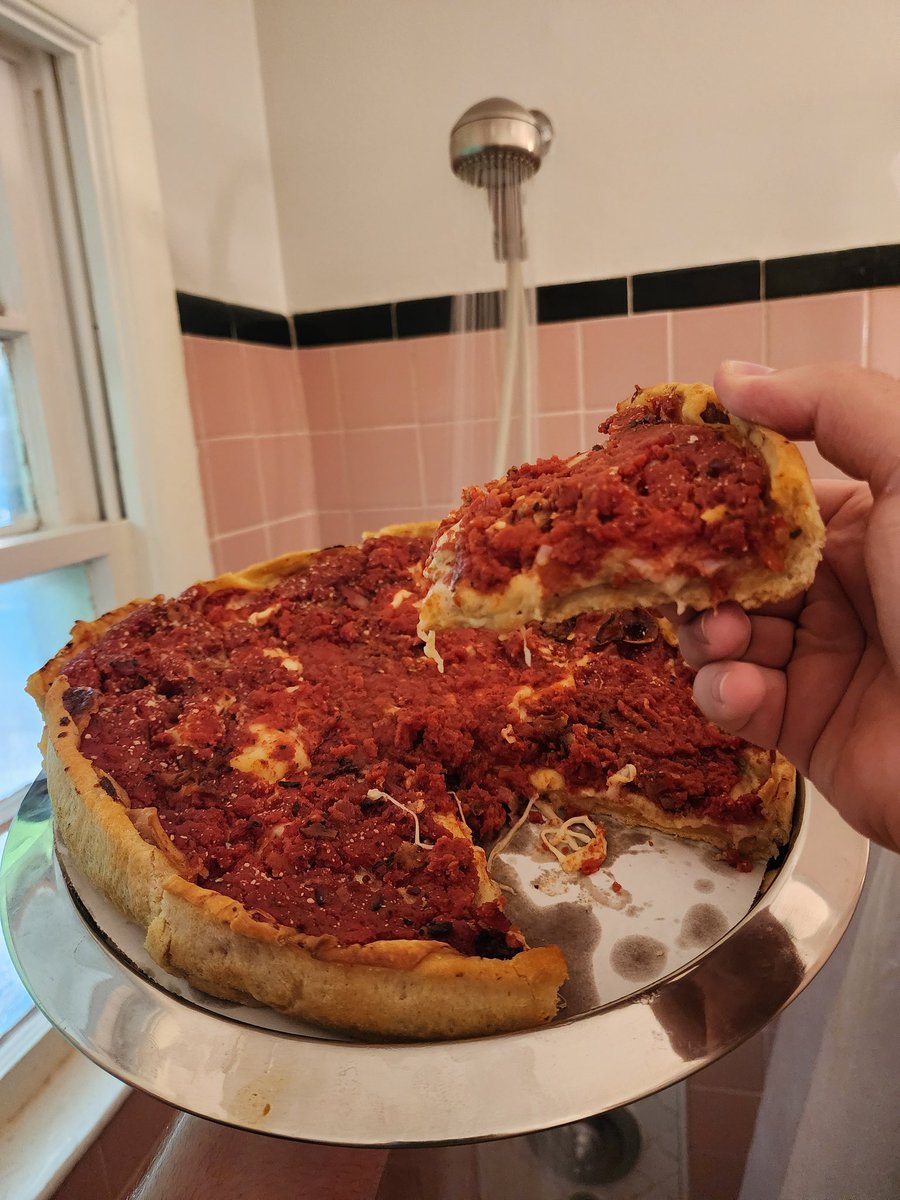 Shower Food Review 56: Chicago Deep-dish Pizza- Went on a date yesterday. She asked what I do in my free time so I showed her this. She looked at it for a few seconds in silence & changed the subject. The night ended early. Rejection is a tool we use to calibrate our hearts. 8/10