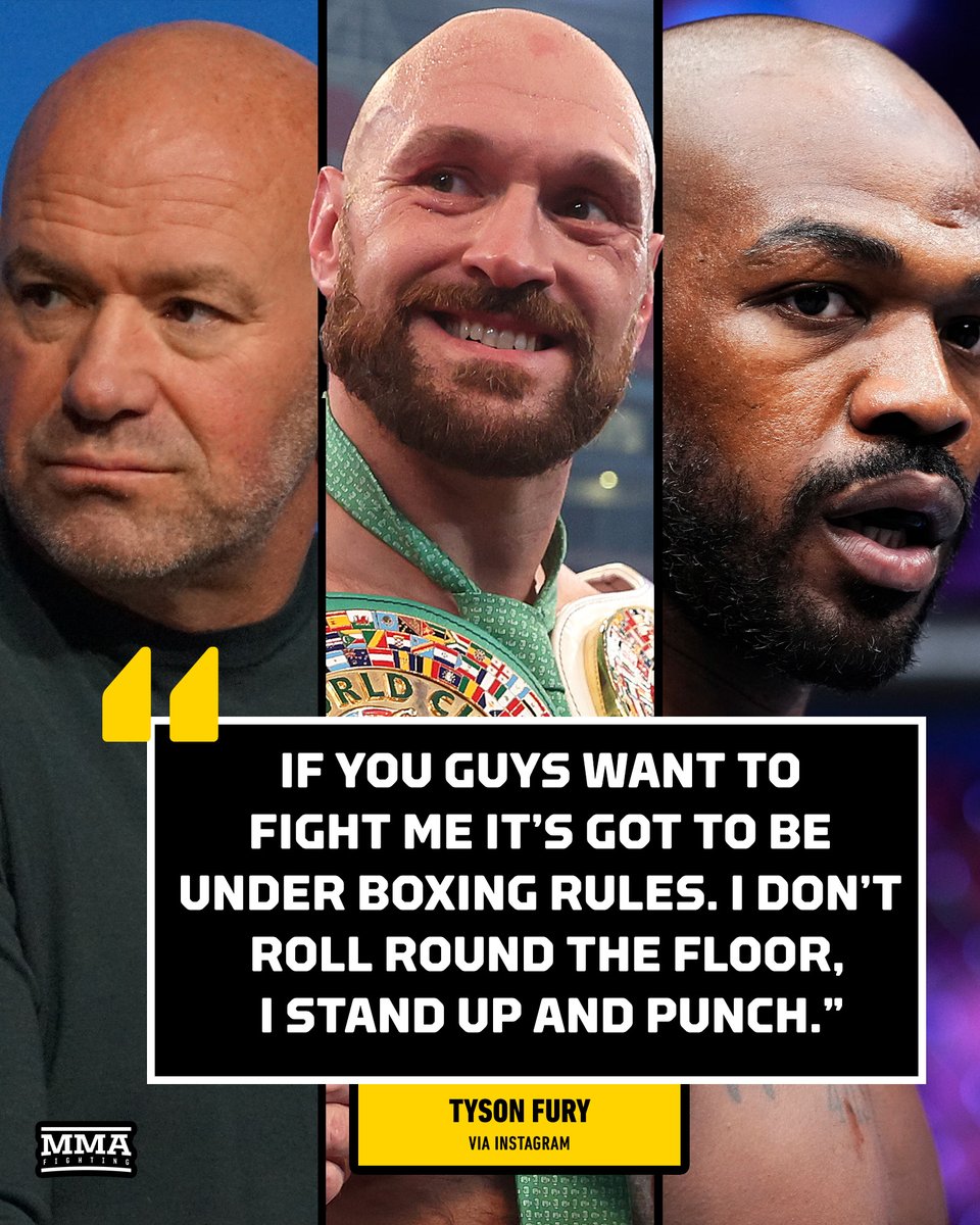 MMAFighting's tweet photo. Tyson Fury answers Dana White’s Jon Jones offer, insists on boxing match

Full story: https://t.co/3bsPI1FeWn https://t.co/X7d17v6vuU