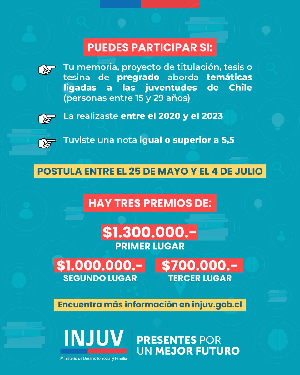 ¡Desde hoy y hasta el 4 de julio puedes participar en el Concurso Nacional de Tesis, donde podrás ingresar tu tesis, memoria, proyecto de título o tesina que aborde temáticas ligadas a las juventudes.

Conoce las bases y postula aquí extranet.injuv.gob.cl/concurso_tesis/