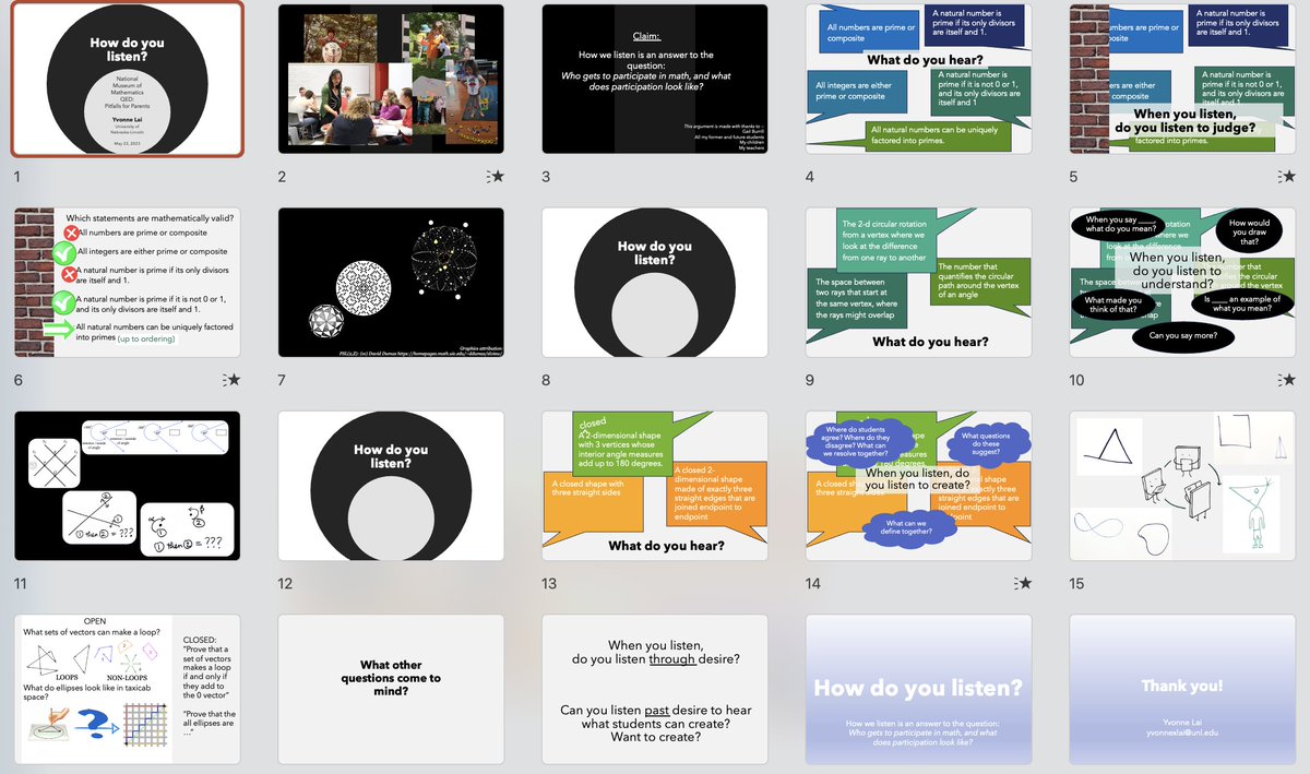 How we listen is an answer to the question: "Who gets to participate in math, and what does participation look like?" So fun to present this argument <a href="/MoMath1/">National Museum of Mathematics</a>! And fun to see <a href="/pckeller/">Philip Keller</a> there. Argument inspired by <a href="/GailBurrill/">Gail Burrill</a> at JMM 2019. Thank you <a href="/timchartier/">Tim Chartier</a> for the invite!