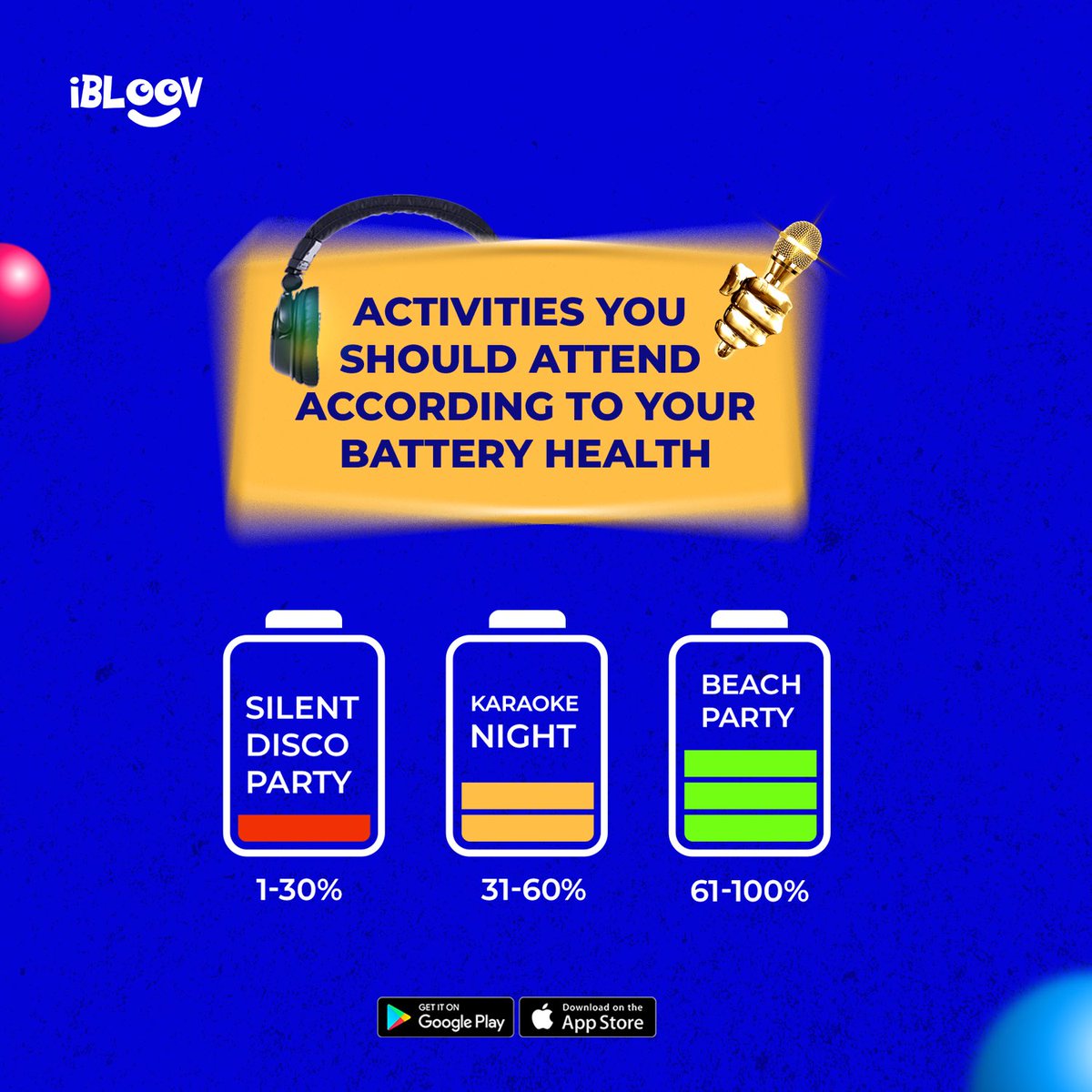 The event that falls under your current battery health is the event you should be attending this weekend.
 
Tell us what it is in the comments 😉
 
#ibloov #trivia #events #silentdisco #karaoke #eventstrivia