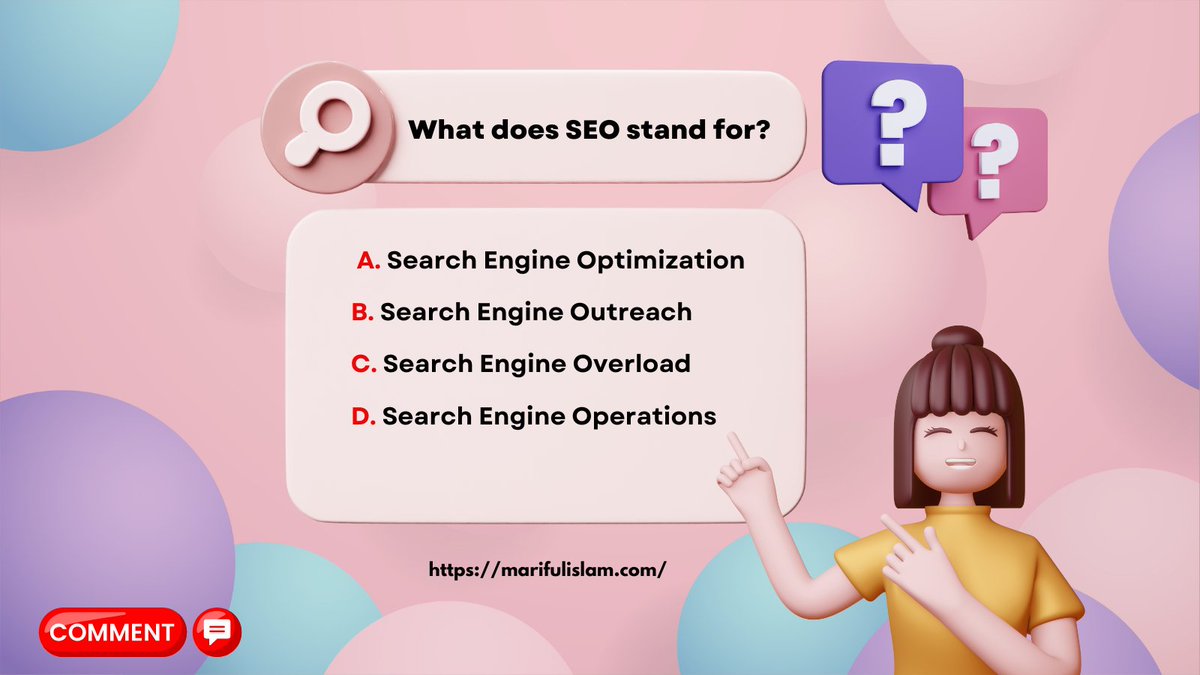 marifulislamceo's tweet photo. Boost your online visibility with SEO! 🚀 What does SEO stand for? SEO stands for Search Engine Optimization. It's the process of optimizing your website to rank higher in search engine results. #SEO #DigitalMarketing #OnlineVisibility https://t.co/E42xVzhyrN