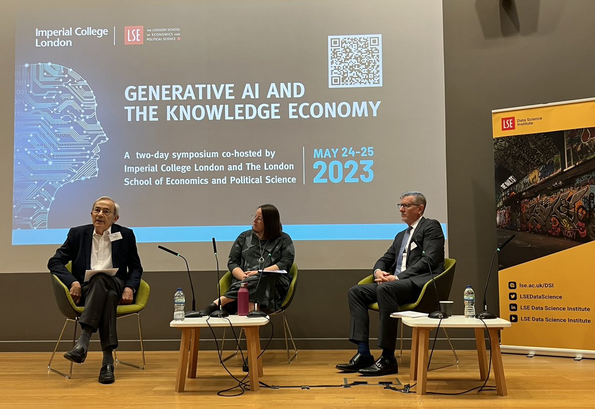 LSEDataScience's tweet photo. The final session of our Generative AI and the Knowledge Economy 2-day Symposium, with a roundtable for its consequences by @LSEEcon’s Sir Chris Pissarides and @CMAgovUK’s Hayley Fletcher and @ImperialDSI’s @mrkthmsknndy as chair. 
#ai #dsisquared #generativeAI @LSEnews https://t.co/ibewOcK1Kl