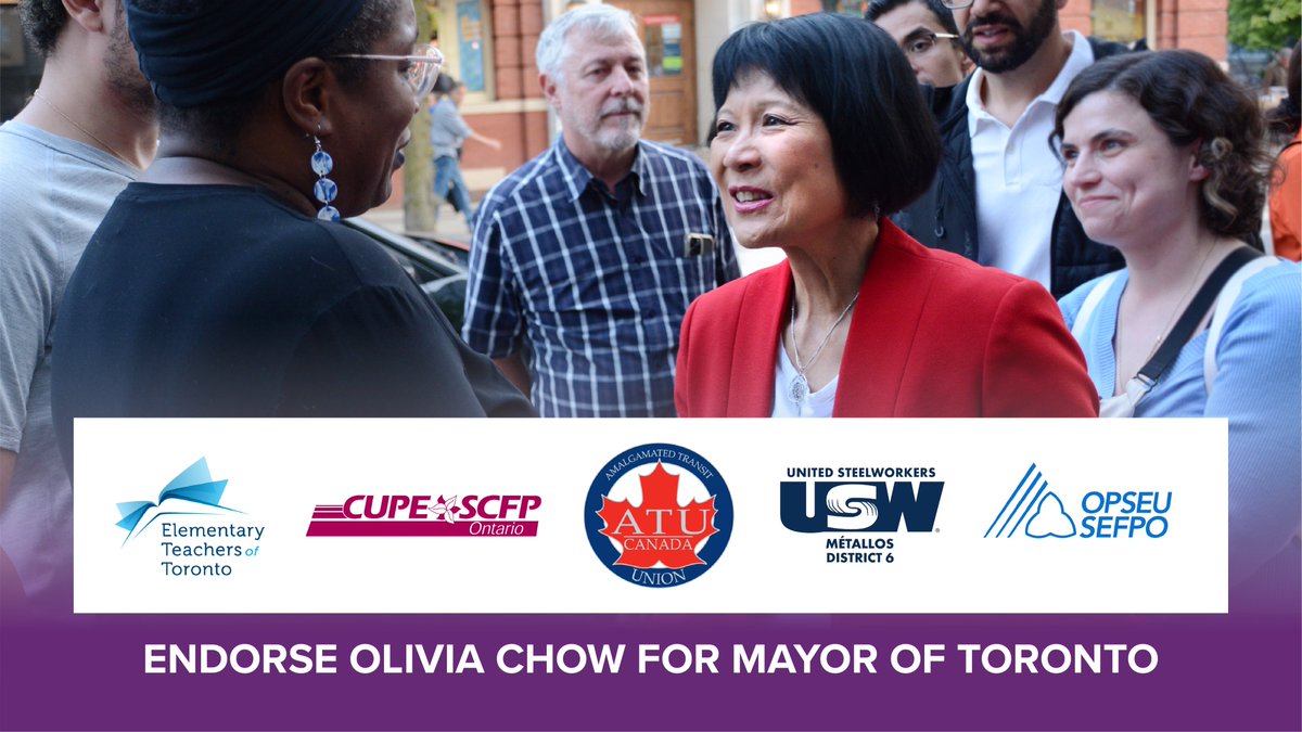 I’m honoured to have the support of @ATU_Canada, @CUPEOntario, @ElemTeachersTO, @USWDistrict6, and @OPSEU who represent hundreds of thousands of workers in Toronto. I have always been proud to stand alongside working people to build a better city.