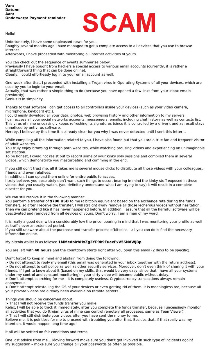 safeonweb_be's tweet image. 🚨 Vorige week ontvingen wij bijna 3000 meldingen van burgers die een e-mail ontvingen over de #sextortionscam. 😲 Kreeg je zelf een dergelijk bericht ? Geen paniek. Ga niet in op de vraag om een som geld te betalen en antwoord niet op de e-mail. ❌⬇️

safeonweb.be/nl/actueel/sex…
