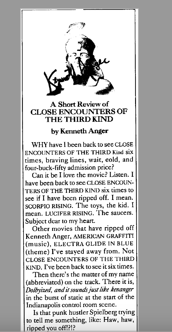 RIP Ken Anger. Behold, his review of Close Encounters (Film Comment J/F 1978)