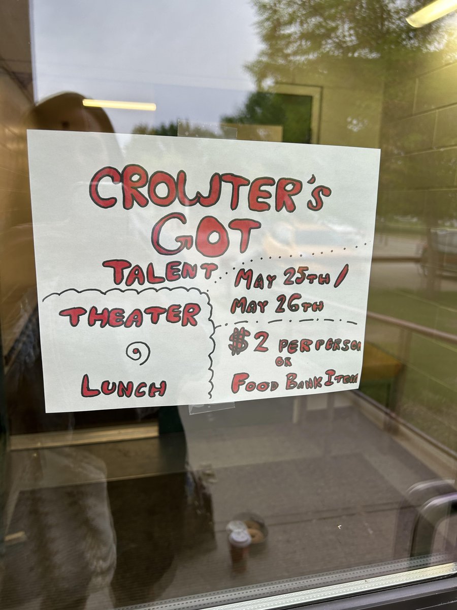 Come support our live theatre performers today for Crowther's Got Talent.  Admission is $2 or food donation and all donations go to the Wheatland Crisis Shelter.