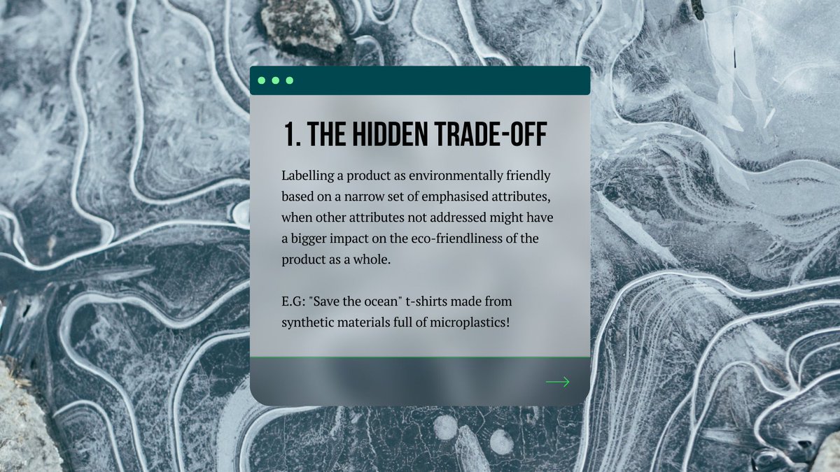 7 Sins of #Greenwashing - no. 1: The Hidden Trade Off:

Labelling a product as environmentally friendly based on a narrow set of emphasised attributes, when other attributes not addressed might have a bigger impact on the eco-friendliness of the product as a whole.

#GreenClaims