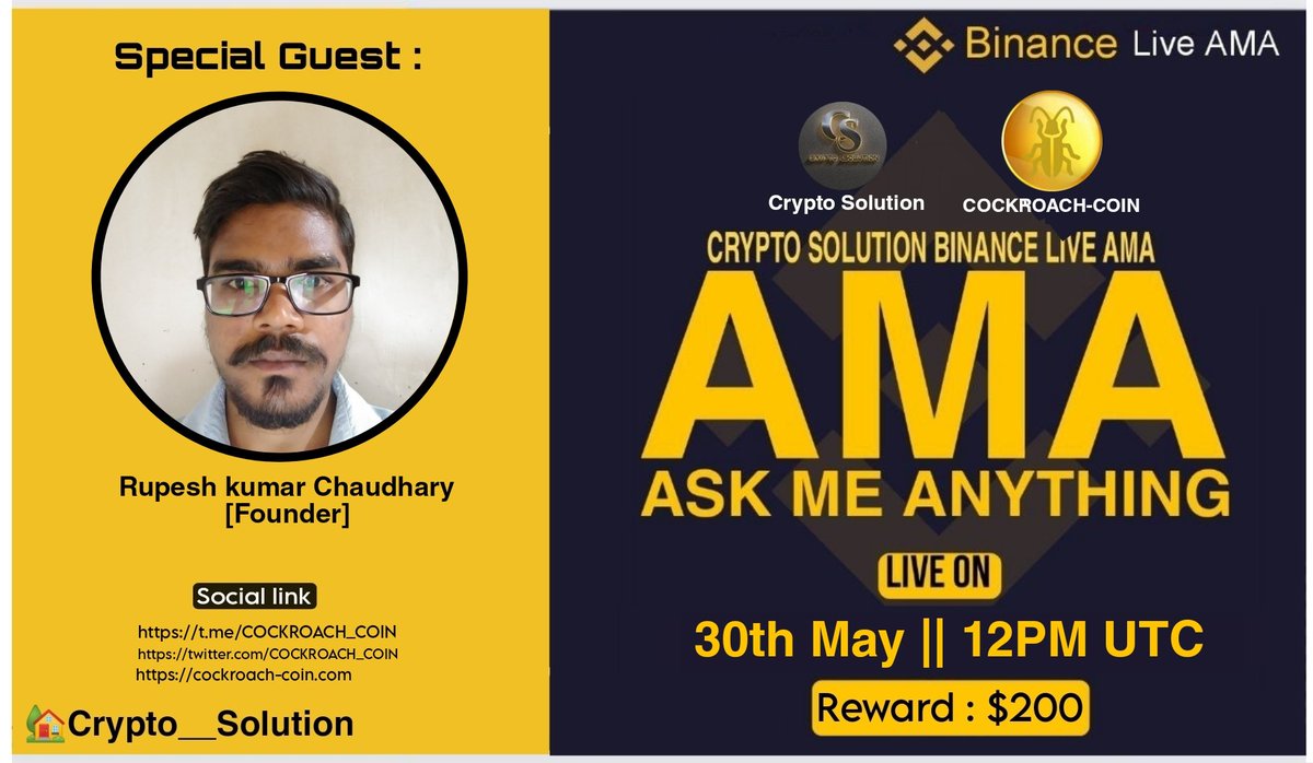 CryptoSolutionG's tweet image. 🔊 #BinanceLiveAMA Crypto Solution Glad To Announce AMA with COCKROACH-COIN
⏰ Date & Time: 30/05/23 AT 12PM UTC
💰Rewards Pool: $200 TOKEN
🏠Venue: binance.com/en/live/video?…
〽️Rules: 
1⃣ Follow @CryptoSolutionG and @COCKROACH_COIN
2⃣ Like & Retweete 
3⃣ Comment Questions