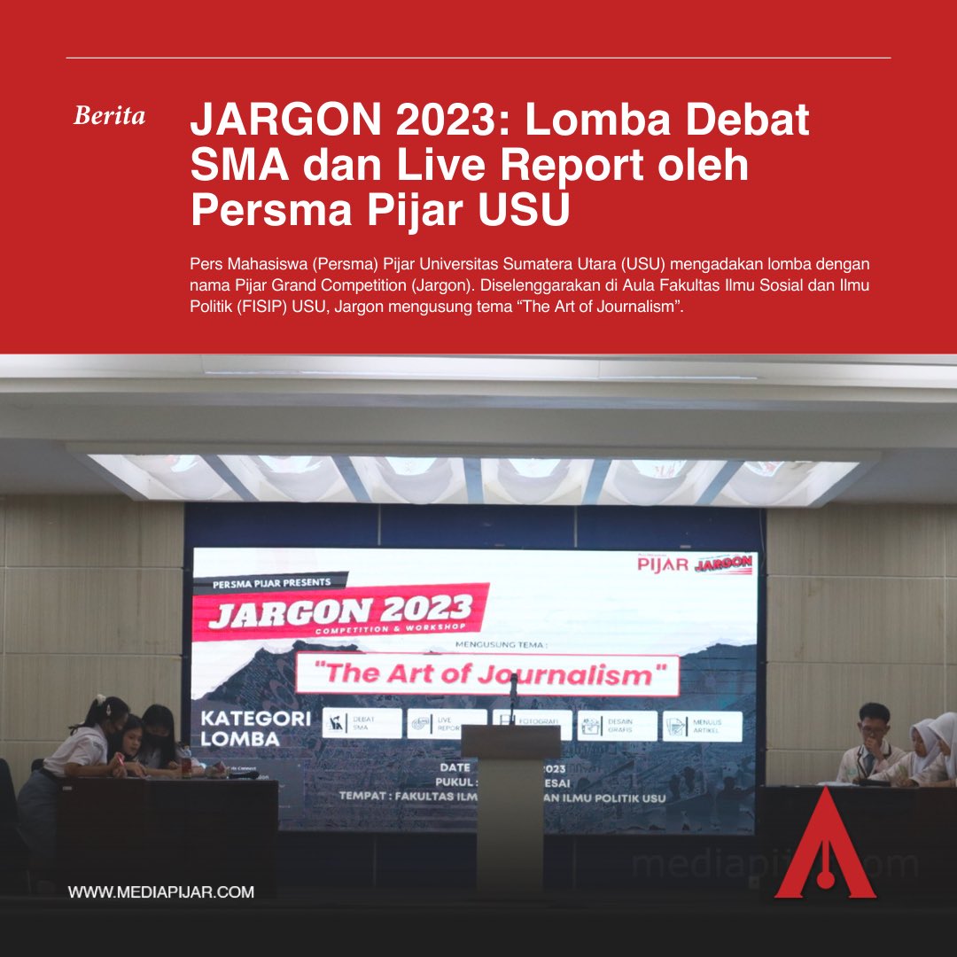 persmapijarusu's tweet photo. Untuk pertama kalinya Pers Mahasiswa Pijar mengadakan lomba debat SMA dan live report melalui Pijar Grand Competition 2023✨
https://t.co/1lDB49c8m9
#pijargrandcompetition2023 #jurnalistik #lombadebat #lombalivereport #debatsma #persmahasiswa #pijar #usu https://t.co/RG9GkBP66o