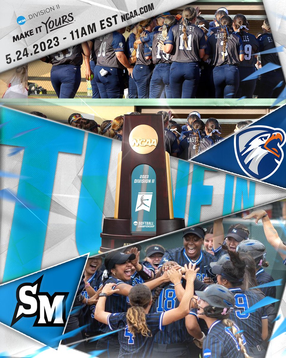 NCAADII's tweet image. Game 1 of #D2SB Championship between No. 1 @uttylerpatriots and No. 8 @CSUSMcougars gets underway at 11 a.m. ET!  #MakeItYours | #NCAAD2

🏆: on.ncaa.com/23D2SBbracket
📺 | 📊 : on.ncaa.com/D2SBgame1