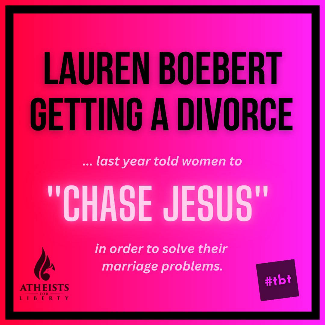 AtheistsLiberty's tweet photo. Semi - throwback to 2022, when Lauren Boebert told women at a Christian conference to "chase jesus" to save their marriage.
https://t.co/YoONTowi3n
#tbt #throwback #laurenboebert #divorce #christian #marriage #jesus #hypocrite #familyvalues #seperationchurchandstate #secular https://t.co/pxkuwqW29q