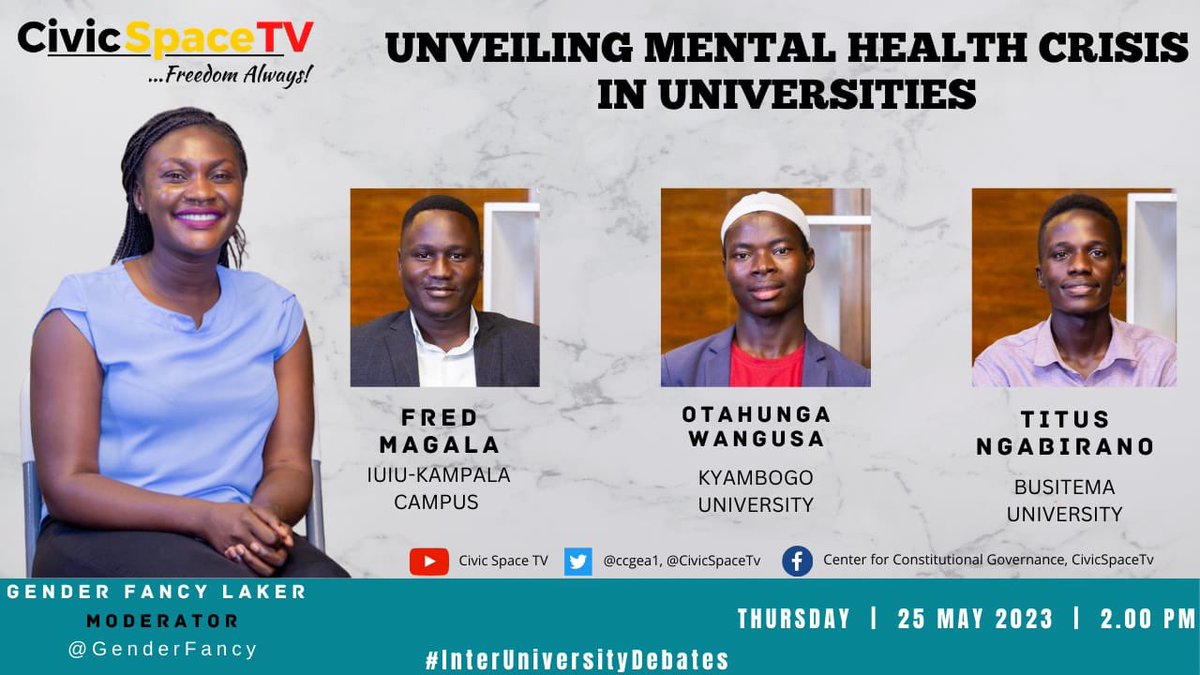 Extra Extra! Unveiling Mental Health Crisis in Universities with @GenderFancy 
Featuring: @MagalaFred6 @WangusaO @SmilesTitus 
#InterUniversityDebate 

@CivicSpaceTV 
@ccgea1 

Follow up on YouTube: youtu.be/UyerI05gvrY