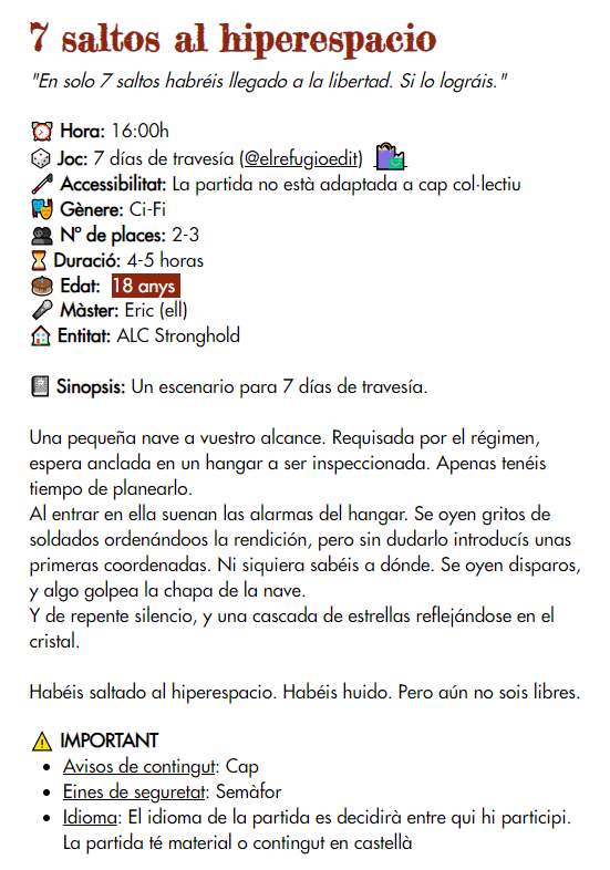 ALC_Stronghold's tweet photo. ¿Queréis probar #Scherezade de @HTPublishers o #7díasdetravesia de @elrefugioedit? Aún nos quedan plazas por la tarde en el #XIIIEpicDay!
#CorredInsensatas! https://t.co/PPfXDmaygW
#rolbarcelona #rol #jugararol #jornadasrol #EpicDay https://t.co/q5MF9bX5jr