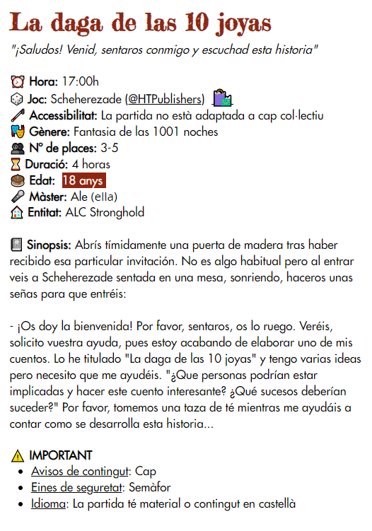 ALC_Stronghold's tweet photo. ¿Queréis probar #Scherezade de @HTPublishers o #7díasdetravesia de @elrefugioedit? Aún nos quedan plazas por la tarde en el #XIIIEpicDay!
#CorredInsensatas! https://t.co/PPfXDmaygW
#rolbarcelona #rol #jugararol #jornadasrol #EpicDay https://t.co/q5MF9bX5jr