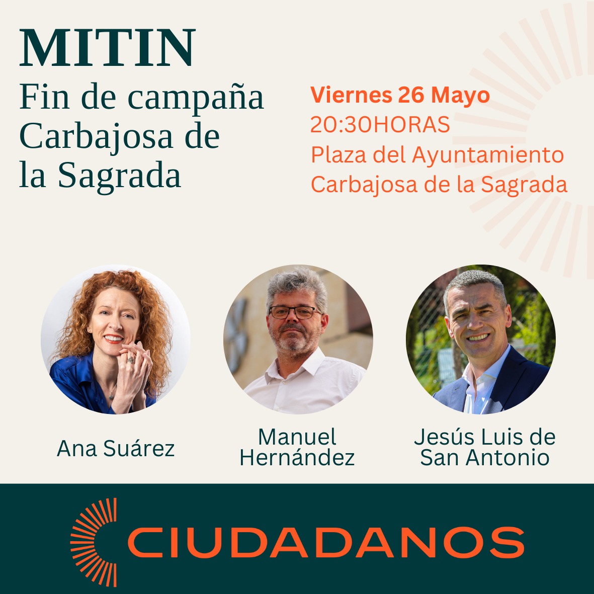 🗳️ ELECCIONES MUNICIPALES 2023

📙 AGENDA 26 DE MAYO 2023 

✨ ACTO: Mitin Fin de Campaña

📍DONDE: Plaza del Ayuntamiento, Carbajosa de la Sagrada

🕛 HORA: 20:30h

📂 Afiliados, candidatos y cargos públicos 🧡

#elecciones2023 #ciudadanos #ciudadanossalamanca