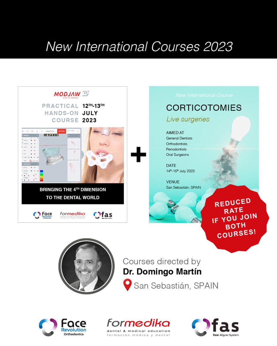 Practical hands-on course #MODJAW
🗓 12-13th July 2023
+
#Corticotomies Live Surgeries
🗓 14-15th July 2023

⚠️ NOTE: to register for both courses, choose “both courses” fee

🔗 MODJAW: bit.ly/MODJAW2023

🔗 CORTICOTOMIES: bit.ly/Corticotomies2…

#internationalcourses