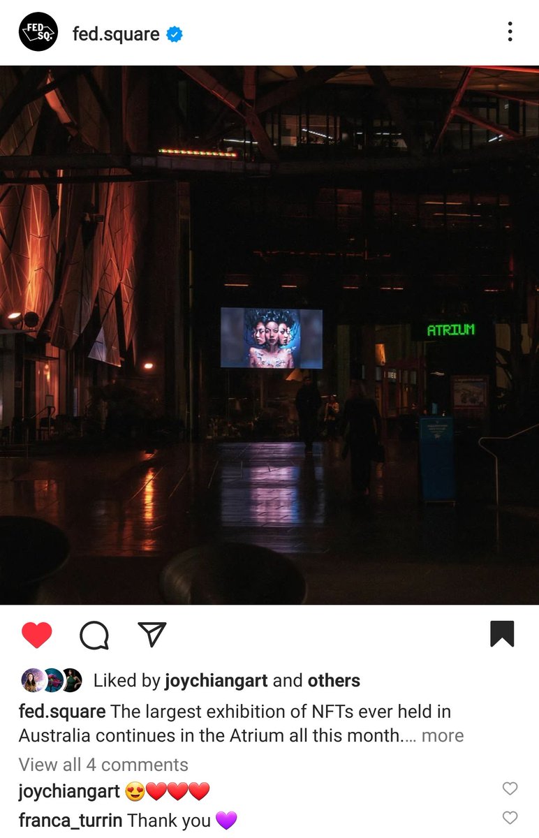 Arts Exchange (@artsxnft) on Twitter photo 🚨EXTENDED SCREENING🚨
📆 Daily, 9am–10am, 12pm–1pm + 6pm–7pm
📍 The Atrium Big Screen
The largest physical exhibition of NFTs ever held in Australia continues all month. Thank you! <a href="/FedSquare/">Fed Square</a> 🙏 🚨EXTENDED SCREENING🚨
📆 Daily, 9am–10am, 12pm–1pm + 6pm–7pm
📍 The Atrium Big Screen
The largest physical exhibition of NFTs ever held in Australia continues all month. Thank you! <a href="/FedSquare/">Fed Square</a> 🙏