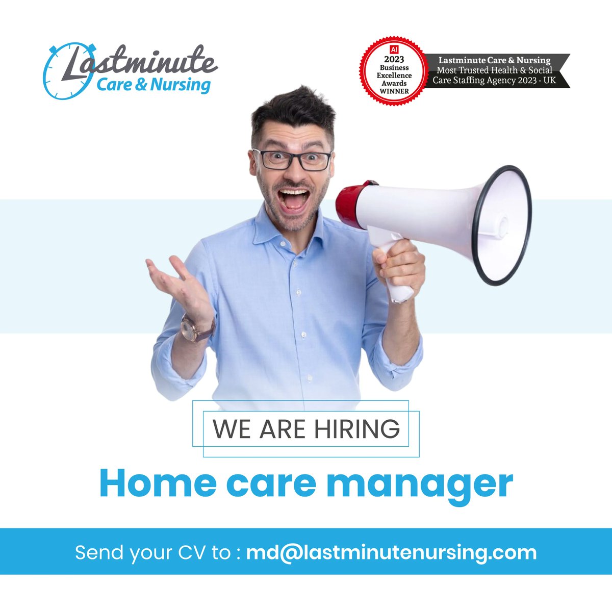 Be the leader your future deserves! Lastminute Care & Nursing is on the lookout for a Home Care Manager to join their growing team and help build a better tomorrow. 
#homecare #homecareagency #homecareprovider #homecareuk #homecareservice #homecareservices #caremanager #ukjobs