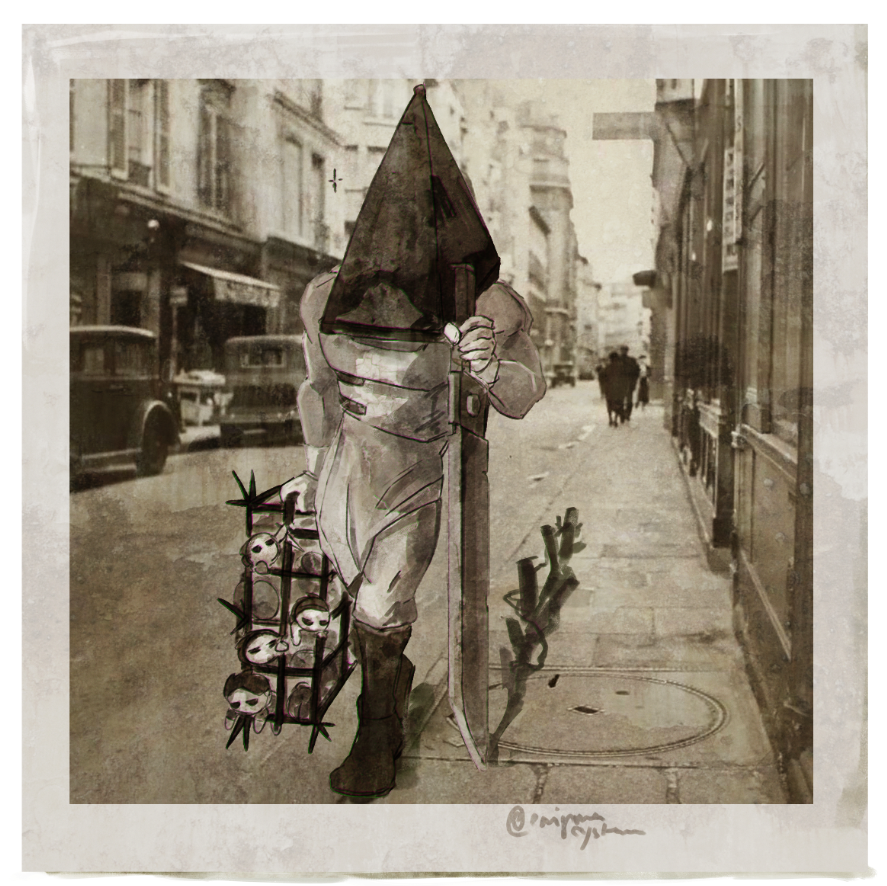 enigma_system's tweet photo. A Pyramid Head walks the streets of Paris France with his big knife and a cage full of Shapes, 1945. https://t.co/HH8wlTJ3jg