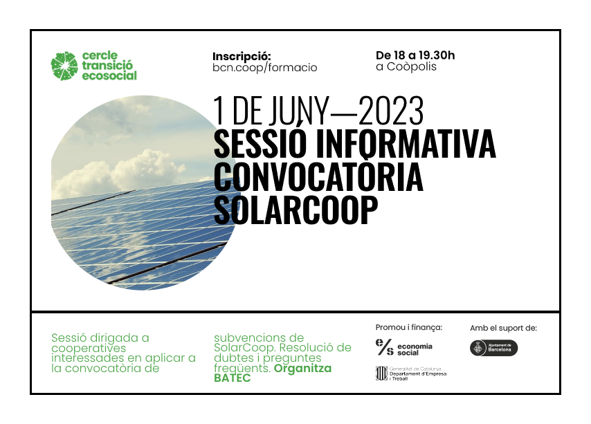 coopolis_bcn's tweet photo. #SUBVENCIONS | .@Batec_coop organitza una sessió informativa per resoldre dubtes sobre la convocatòria #SolarCOOP 2023 per al desenvolupament de models de gestió i funcionament de #ComunitatsEnergètiques. 

📎Inscripció: https://t.co/pXlKOw83SQ https://t.co/FPXoOj0FCU
