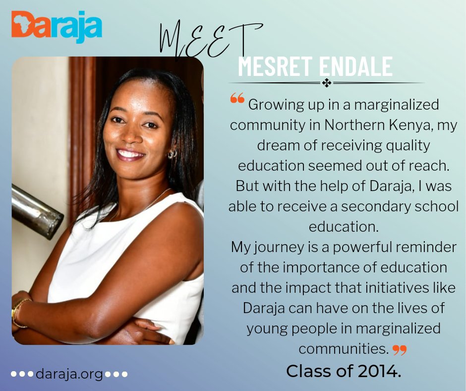 darajaacademy's tweet image. My journey exemplifies the power of education and the impact of Daraja
I am a Bachelor holder in Water 
and Environmental Engineering. 

A project manager at Well Aware World, working to provide clean water to communities. 
#DarajaGirls #GirlsEducation #WellAware #Olpejeta