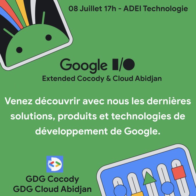 Tic-tac Tic-tac ⏳🥳🤩
Cet événement dont les abidjanais parlent quotidiennement et s’impatientent de participer est le #GoogleIOExtendedAbidjan 🥶
On s’donne RDV :
🗓️08 Juillet 2023
⏰17h00 UTC
📍ADEI Technology Hub

Inscriptions et entrées gratuites 👇🤭
gdg.community.dev/e/m9hb98/