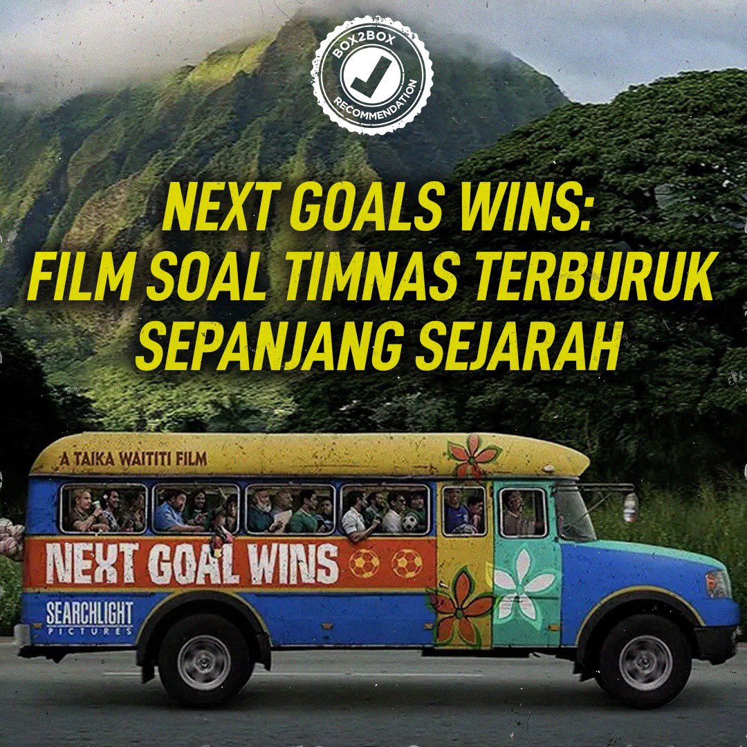 Box2BoxBola's tweet photo. Kalau suka sama Ted Lasso, kayaknya bakal suka juga sama film ini 🤩

Next Goal Wins. Film yang diangkat dari kisah timnas dengan kekalahan terbesar di sepakbola internasional, Samoa Amerika 🙌🏻

Film yang disutradarai oleh Taika Waititi nih baca di #Box2boxrecommendation 😎 https://t.co/aLVL5m7NR4