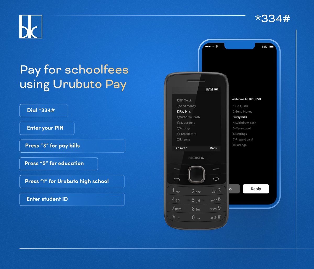 BankofKigali's tweet photo. Did you know you can pay for School Fees using Urubuto on BK Mobiserve?
Dial *334# and follow the prompts. #DigitalThursday https://t.co/wW2iPVicUM