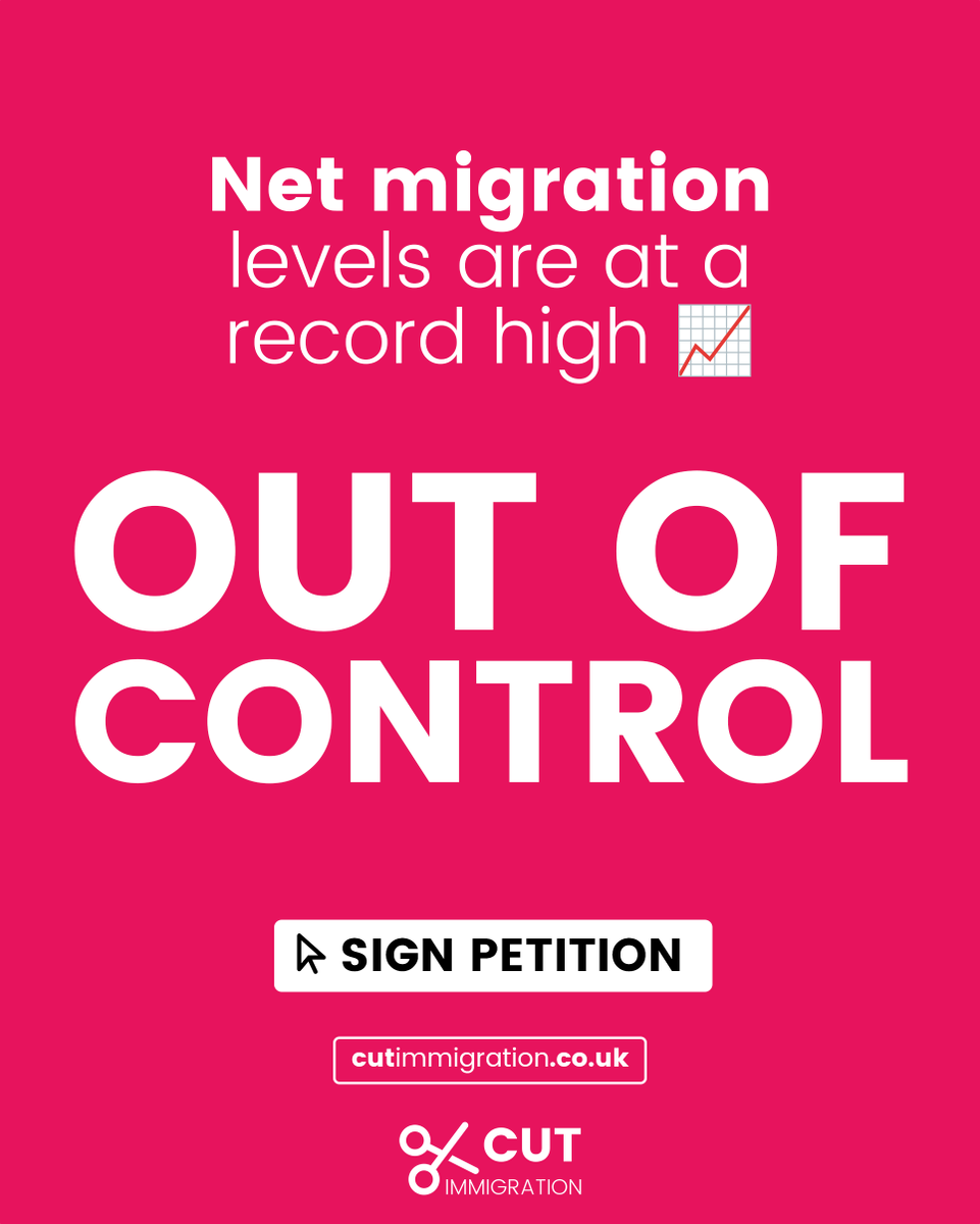 MigrationWatch's tweet image. Out of control and numbers out of sight. Net migration has to be cut NOW.

Sign the petition to reduce net migration to less than 100,000 per year.

Sign NOW 👇cutimmigration.co.uk/petition/