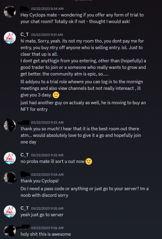 IlluminatiAlpha's tweet photo. A conversation with someone looking to grow as a trader, surrounded by some of the best in the business.

Here is an exchange with a new entrant who we gave a 3 day trial to.

Really, this stuff speaks for itself.

DONT PAY A SINGLE DISCORD OWNER A MONTHLY SUB TO TALK TO OTHERS https://t.co/XtuI9gXe3H
