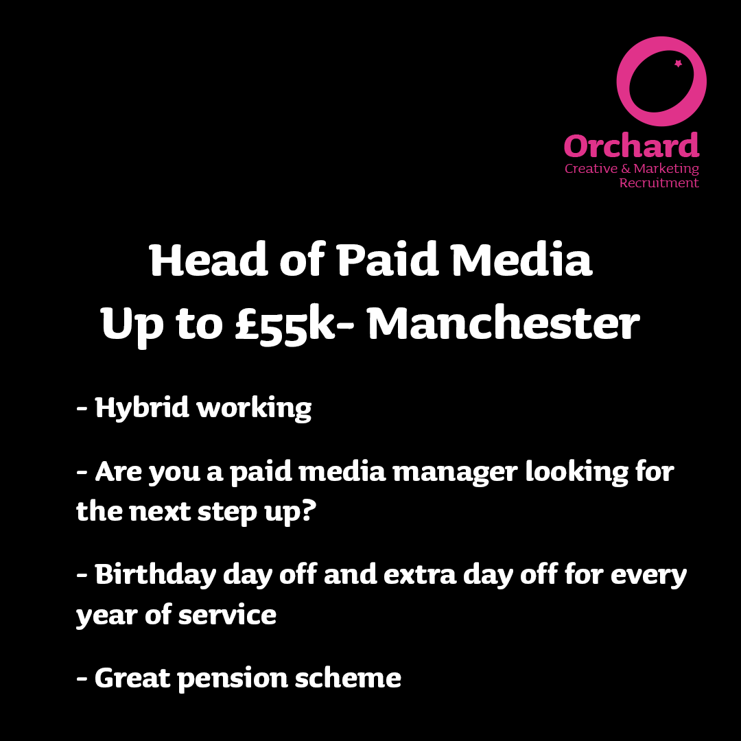 🚨 Head of Paid Media 🚨 linktr.ee/orchardmanches… 🤩 Up to £55k ~ Manchester 🤩 ✅ Hybrid working ✅ Birthday day off and extra day off for every year of service To find out more, follow the link above! 👆 #marketingjobs #hiringalert #HIRINGNOW