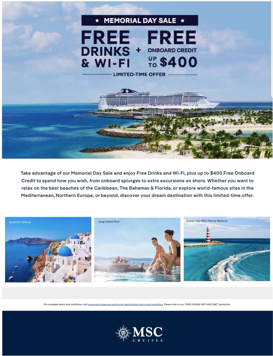KB_KruisingLLC's tweet photo. For sailings on or between 07/01/2023 and 12/15/2024

Must be booked by 06/05/2023

Free Drinks, Free Wi-Fi, 

AND...

Up to $400 Free Onboard Credit to spend however you wish. https://t.co/g7f0P9iU5e