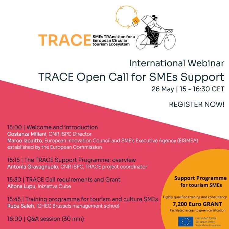 Venerdì 26 maggio alle 15:00 si terrà   il webinar “TRACE Open Call for SMEs Support” in cui verranno presentate tutte le possibilità previste dal bando europeo #TRACE per sostenere le PMI del settore turistico-culturale.
🔸Link per registrazione: lnkd.in/dgJsYVJj