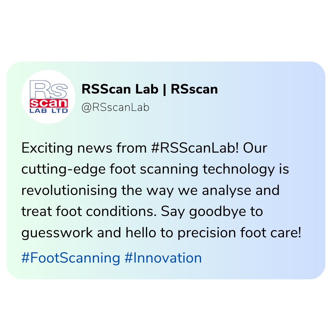 RSscanLab's tweet image. Exciting news from #RSScanLab! Our cutting-edge foot scanning technology is revolutionising the way we analyse and treat foot conditions. Say goodbye to guesswork and hello to precision foot care! rsscan.co.uk #FootScanning #Innovation