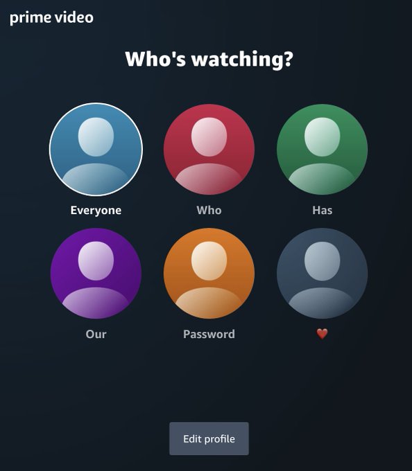The Prime Video profile selection loading screen with six different silhouette icons. The user interface asks "Who's Watching?" and each of the profiles been named so the sentence reads "Everyone Who Has Our Password"