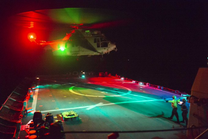 Lights at night. 🇺🇸 📷 #NavyReadiness   An H225 Super Puma lifts off the flight deck of the guided-missile destroyer #USSPaulHamilton (DDG 60) in the Gulf of Oman, May 20, 2023.