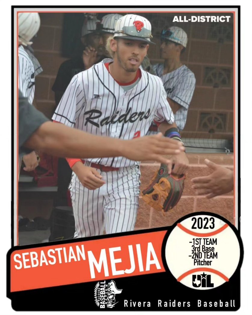 Congratulations <a href="/Sebastian_M_2/">Sebastian Mejia</a> 32-6A 1st team 3rd base &amp; 2nd team pitcher
#raidersbaseball2023
#RaiderStrong