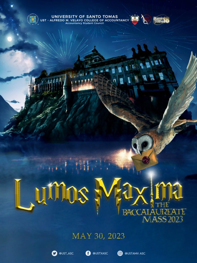 UST_ASC's tweet photo. Attention, dear seniors! 

Prepare your hearts and minds as we gather under the radiant glow on this year’s “Lumos Maxima: The Baccalaureate Mass 2023”, a spellbinding event that will illuminate the path to our dear Senior Wizards’ long-awaited graduation! https://t.co/nrNU5zjnBQ