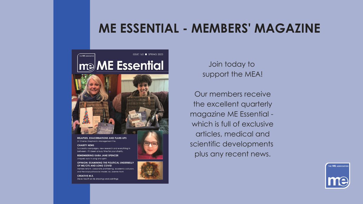 MEAssociation's tweet photo. #MEEssential - An excellent quarterly magazine for #MEAssociation members 

Every edition features exclusive articles, medical and scientific developments, and stories from #pwME 

To receive future editions, please join here: 

https://t.co/dbetUefWpq

#MECFS #MyalgicE https://t.co/YNgOy1bjkk