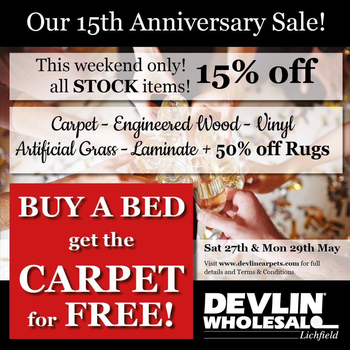 Our massive 15th Anniversary sale goes live this bank holiday weekend in #Lichfield 
Find out more at devlincarpets.com